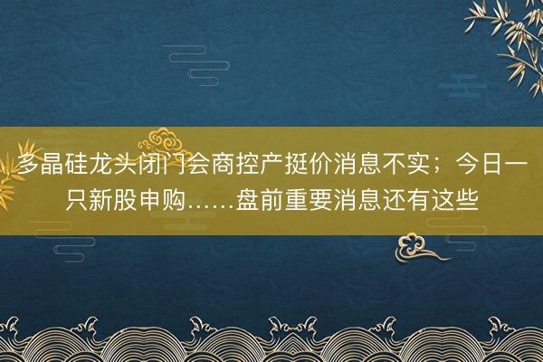 多晶硅龙头闭门会商控产挺价消息不实；今日一只新股申购……盘前重要消息还有这些